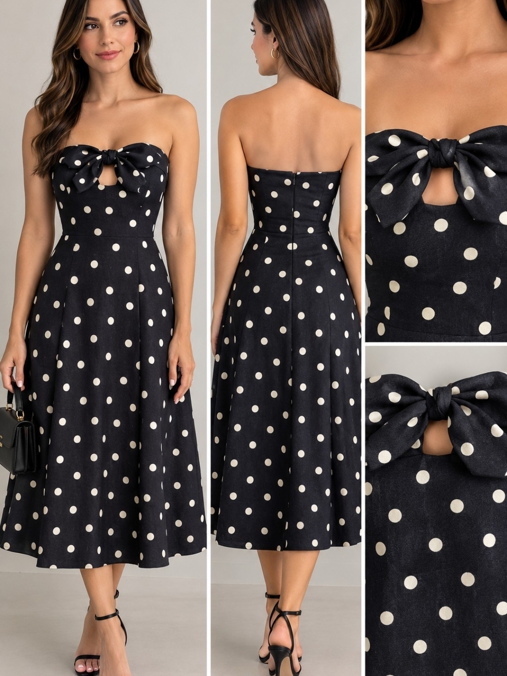 Dress Forum Black and Ivory Polka Dot Strapless Midi Dress